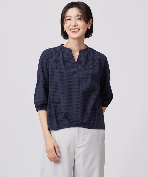 J.PRESS LADIES 【洗える】コットンブレンドチェック バンドカラー カットソー ネイビー系