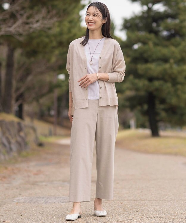 J.PRESS LADIES L 【洗える】リネンストレッチ ワイド パンツ ベージュ系