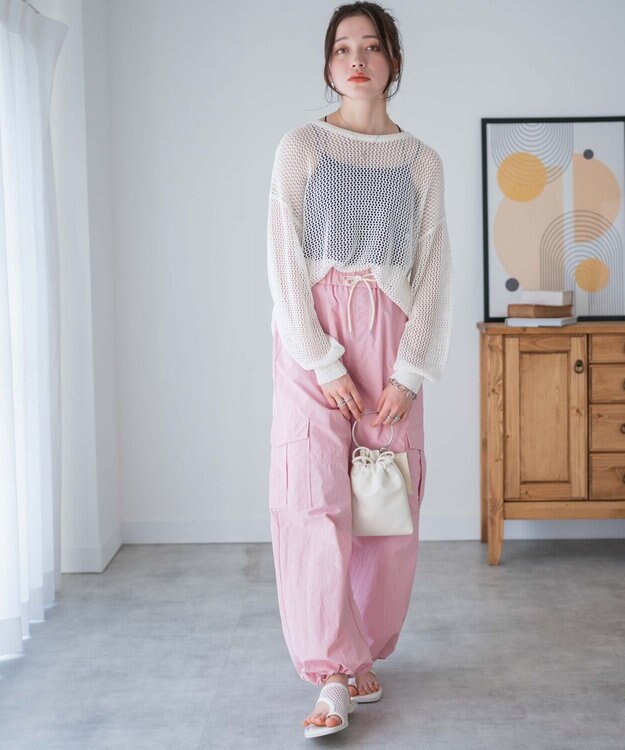 WEGO 【ウエストゴム】ナイロンイージーワイドカーゴパンツ ライトピンク