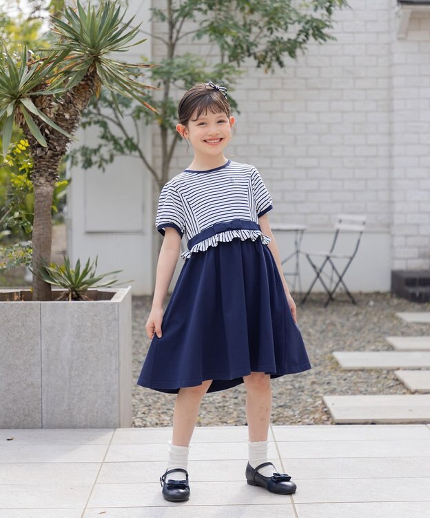 組曲 KIDS 【150-160㎝】マリンボーダー ワンピース ネイビー
