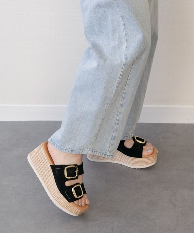 INTER-CHAUSSURES 【Oh my Sandals】ダブルバックル厚底ウエッジサンダル ブラックスウェード