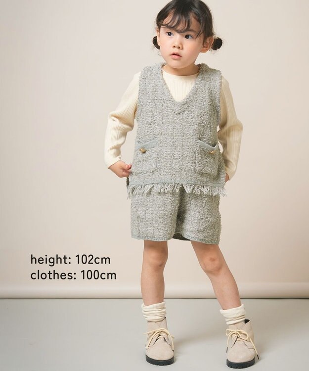 ami amie ツイード風ニットフリンジ付きベスト85cm～130cm グレー