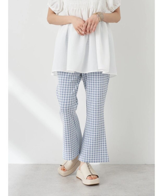 earth music&ecology チェックフレアイージーパンツ Sax