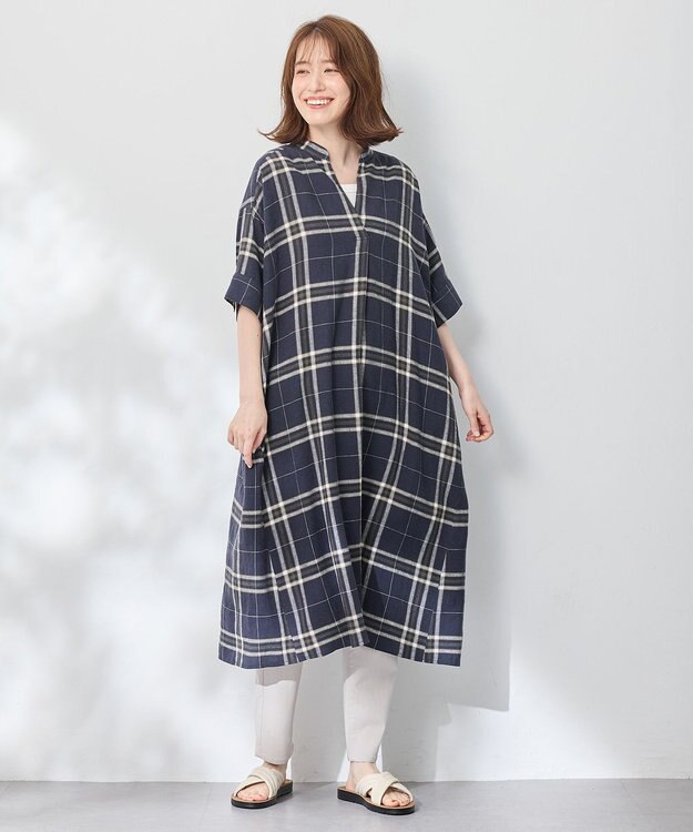 ANY L フレンチリネンシャツワンピース ネイビーチェック