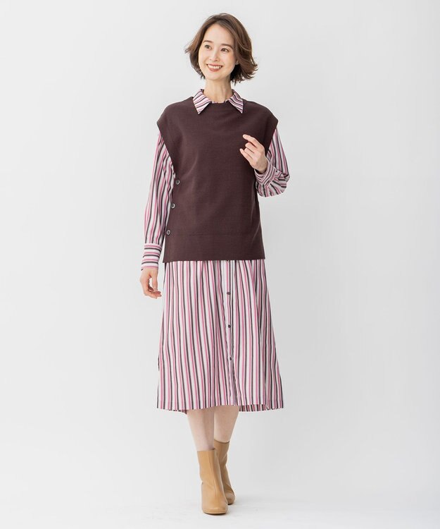 自由区 L 【洗える/セットアイテム】ウールブレンドベスト×ストライプワンピ ブラウン系ボーダー