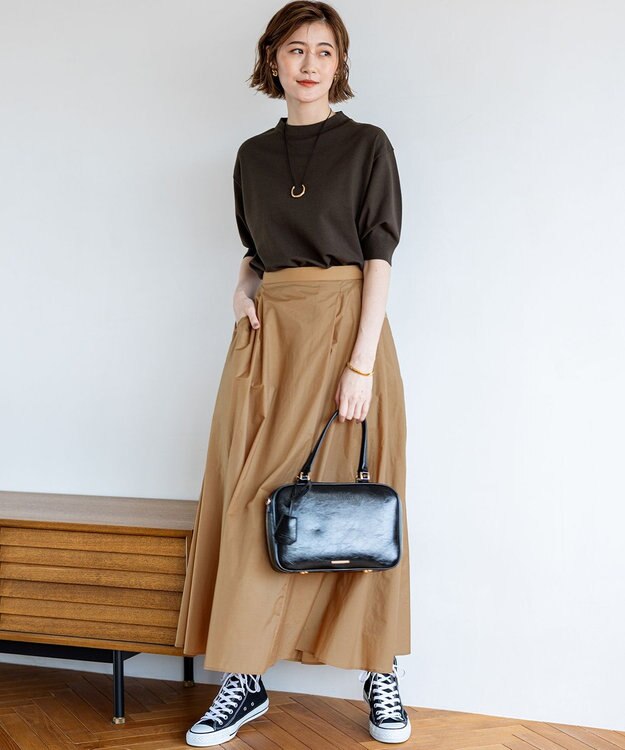 23区 L 【洗える】ナイロンコットンポプリン タック スカート キャメル系