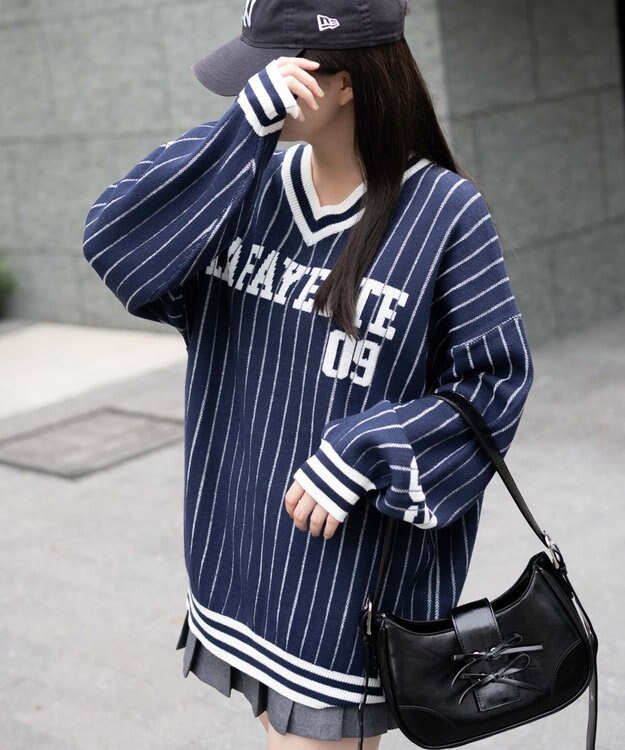 WEGO ベースボールグラフィックプルオーバーニット ネイビー