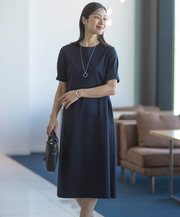 J.PRESS LADIES L 【洗える・吸水速乾】セオアルファピケストライプ ワンピース ネイビー系