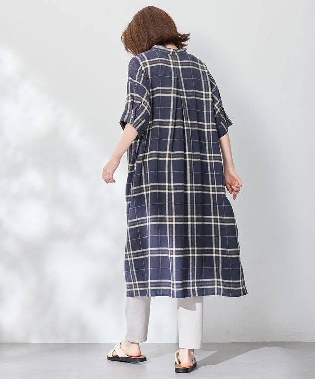 ANY L フレンチリネンシャツワンピース ネイビーチェック
