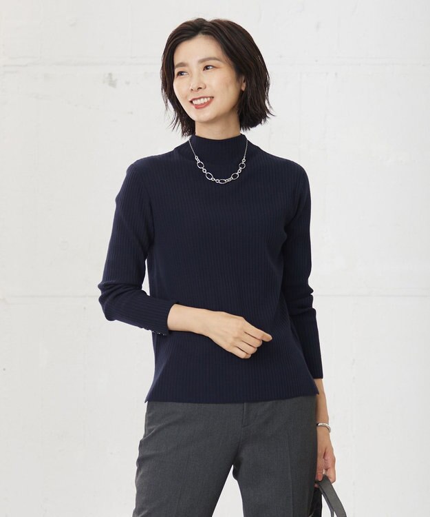 J.PRESS LADIES 針抜きフライス ボトルネック リブ カットソー ネイビー系