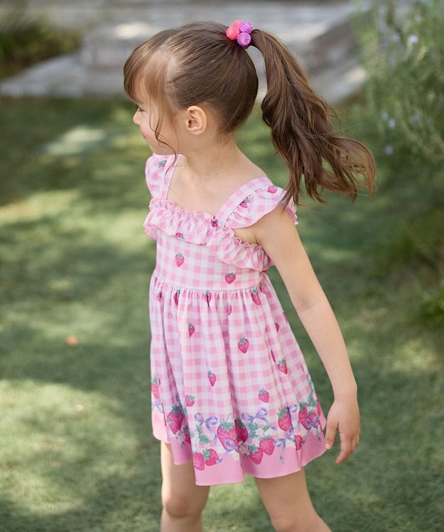 ANY KIDS ギンガム×フルーツ ワンピース水着 ピンク×イチゴ