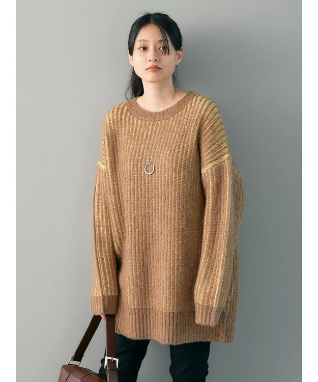 AMERICAN HOLIC バイカラー片畦ニットチュニック Mocha