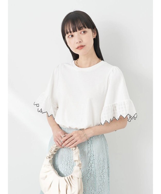 earth music&ecology 配色スカラップスリーブＴＥＥ Off White