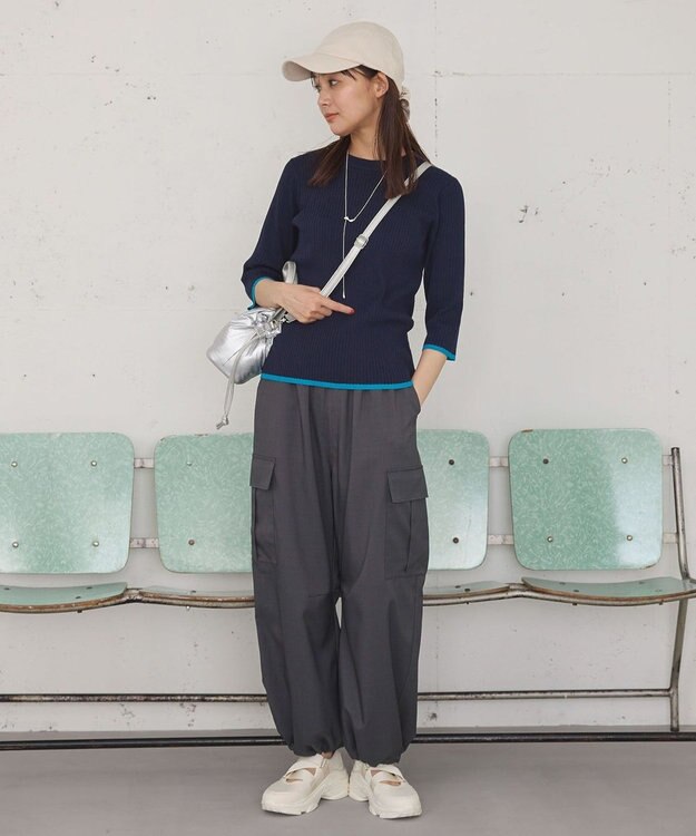 Green Parks ＢＰ　袖口カラーリブ７分袖ニットプルオーバー Dark Navy