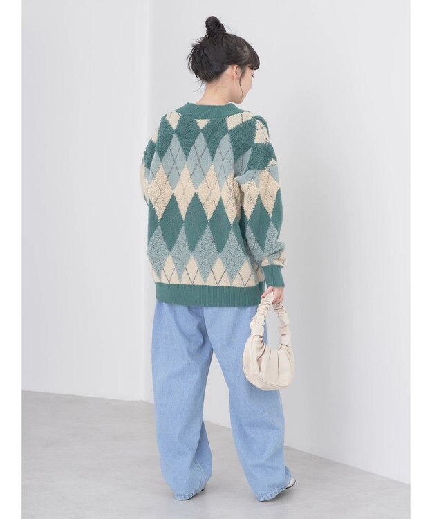 earth music&ecology ループ編みアーガイルカーディガン Green