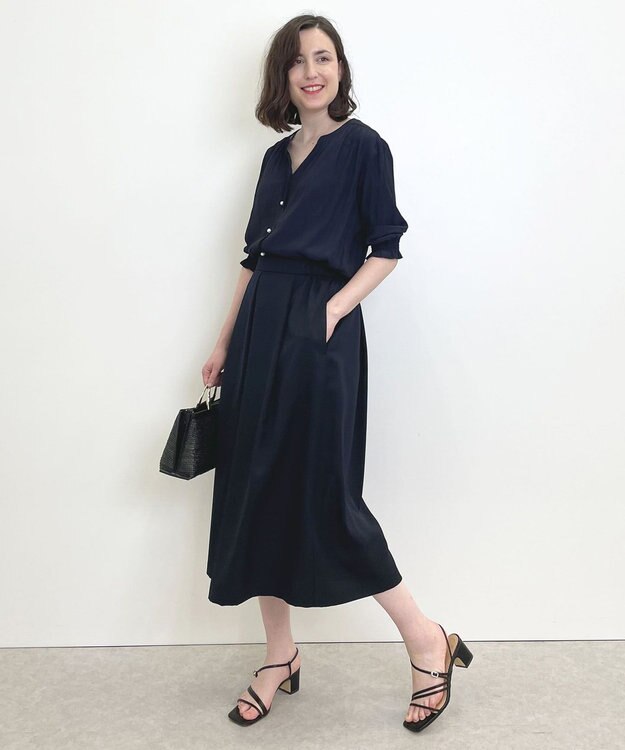 自由区 【接触冷感・速乾・UVカット・撥水・防シワ】リネンライクツイル タックスカート ネイビー系