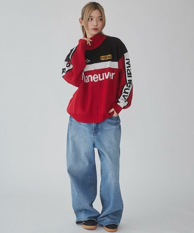 WEGO 【ユニセックス着用ITEM】レーシンググラフィックニットブルゾン レッド