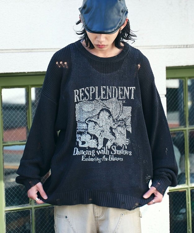 WEGO グラフィックダメージニットプルオーバー ダークグレー