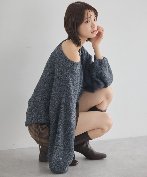 earth music&ecology オフショルフェザーニットプルオーバー Charcoal Gray