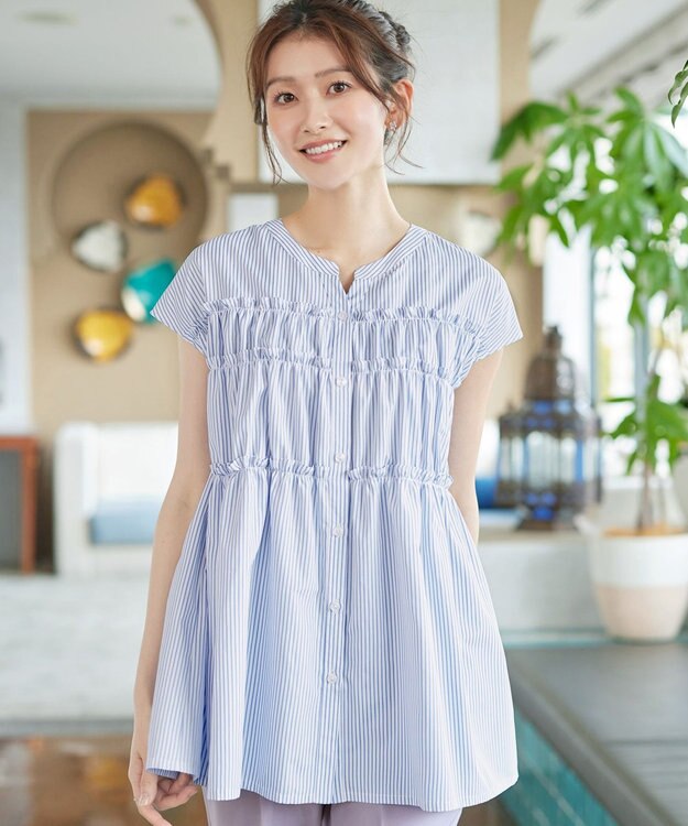 Tiaclasse L フリルティアードチュニック オフストライプ