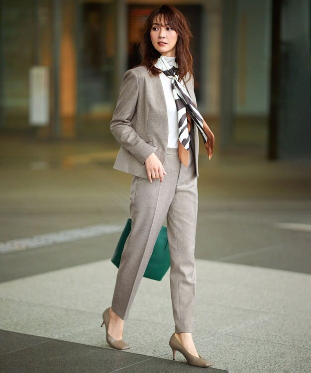 23区 L 【洗える】ウールライクカルゼ ノーカラー ジャケット ダークブラウン系