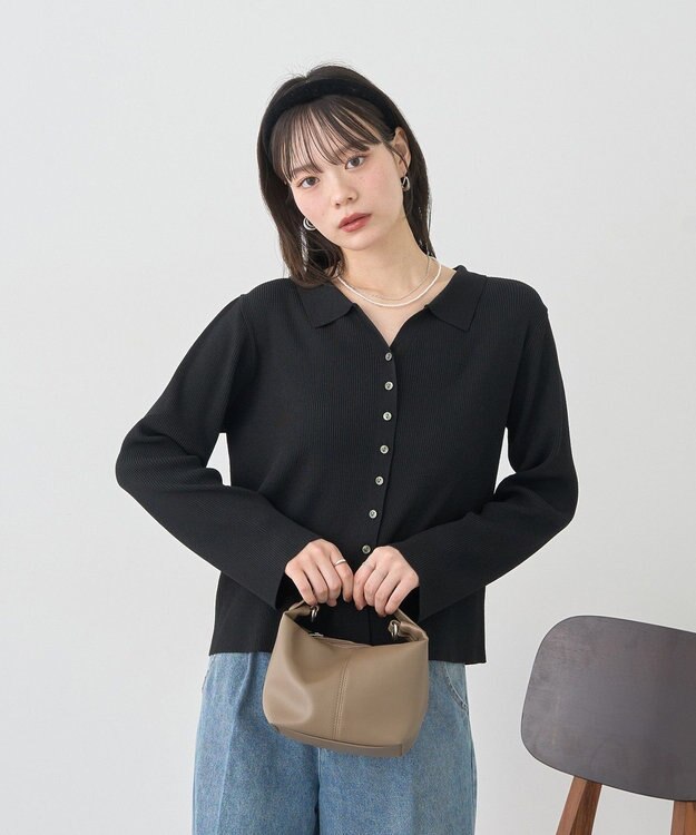 earth music&ecology 【接触冷感】襟付きニットカーディガン Black