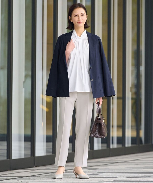 自由区 【洗える】テンセルリネンストレッチ テーラードジャケット ネイビー系