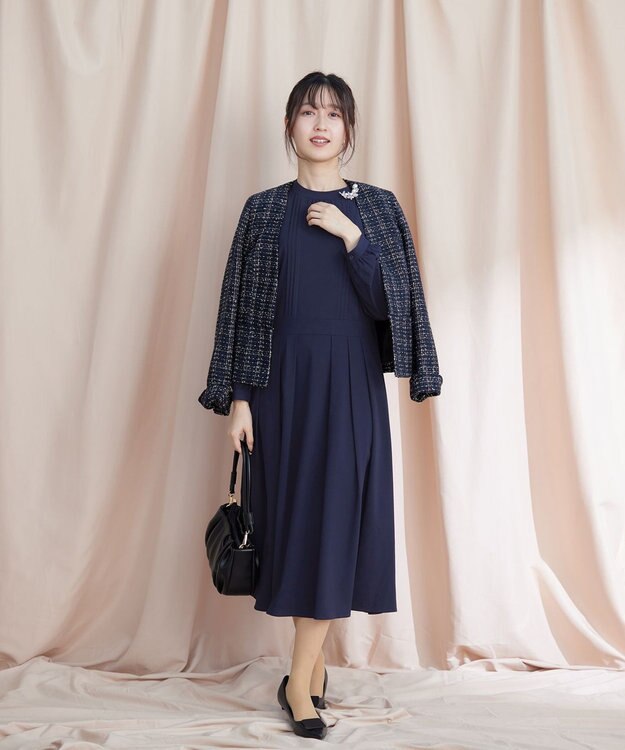 Tiaclasse 【洗える】ハイネックピンタックワンピース ネイビー