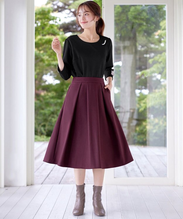 Tiaclasse 【新色追加・洗える】ウール調タックフレアスカート ワインレッド