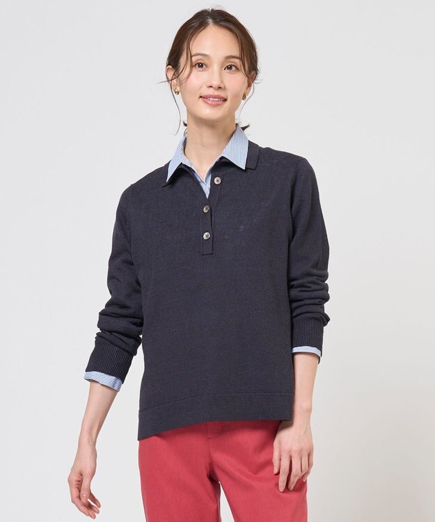 J.PRESS LADIES リネンコットンコード ポロ ニット ネイビー系