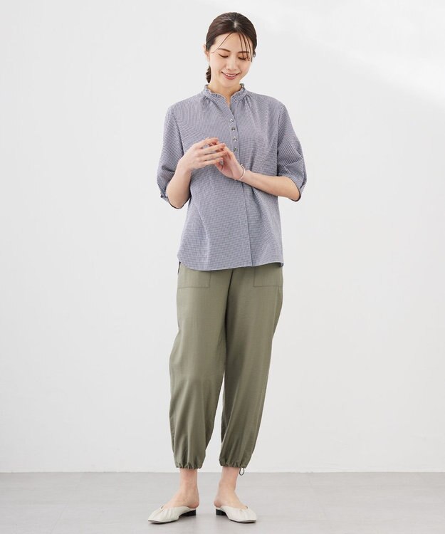 J.PRESS LADIES S 【洗える】アセVis ギンガム フリル襟 ブラウス ネイビー系3