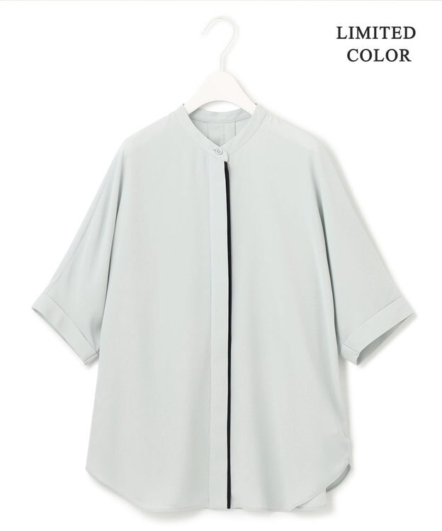 ICB L 【新色追加・接触冷感・UVケア・速乾・洗える】BackSatinAmunzen 5分袖バンドカラーブラウス アイスグレー系［WEB限定］