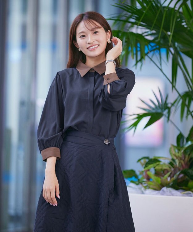 Tiaclasse L 【洗える】配色パフスリーブシャツブラウス ネイビー