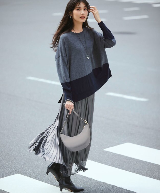 23区 L 【WEB限定カラーあり/洗える】ウーステッドウール ワイドシルエット ニット グレー×ネイビー