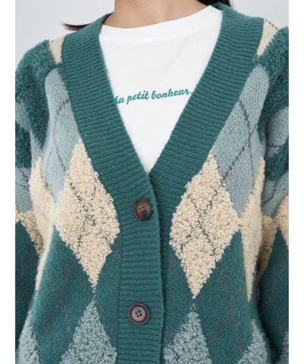 earth music&ecology ループ編みアーガイルカーディガン Green