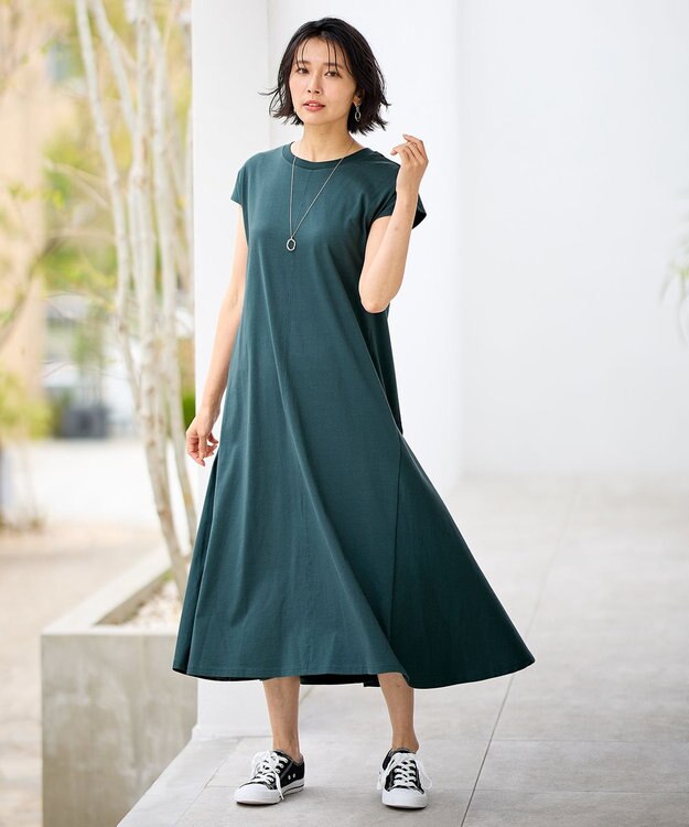 ANY 【洗濯機可】フレンチスリーブワンピース グリーン
