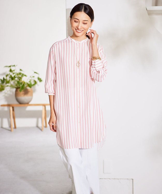自由区 【洗える】SOMELOSテンセルチュニック シャツ オフ×ピンク