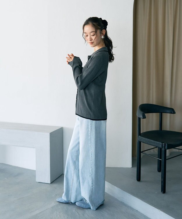 earth music&ecology バイカラートリムロングニットカーディガン Charcoal Gray