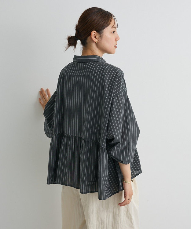 CRAFT STANDARD BOUTIQUE ペプラム長袖ブラウス Stripe Black