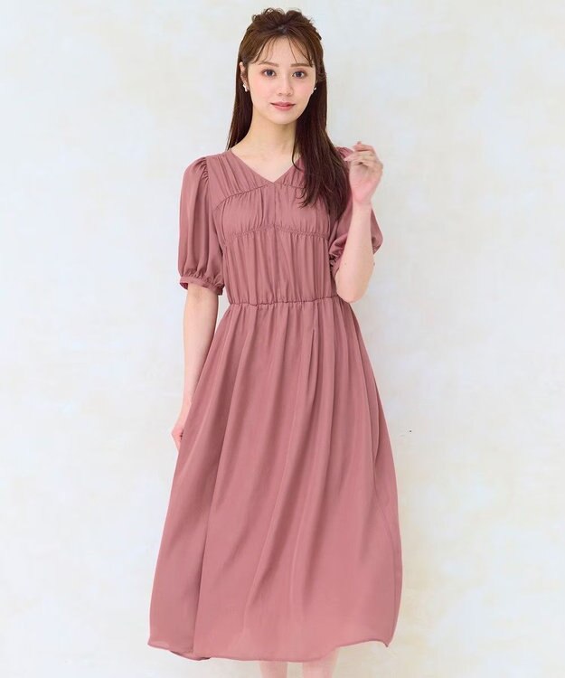 Feroux 【洗える】ギャザーデザインパフスリーブワンピース ピンク系