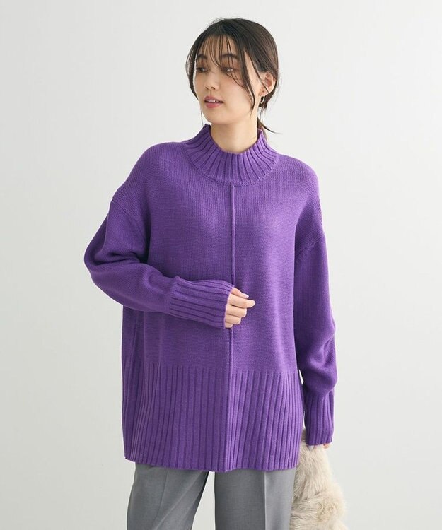 Green Parks 洗えるモックネックニットプルオーバー Purple