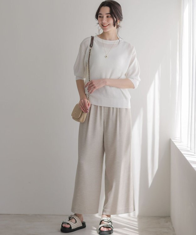 組曲 ライトリネンライクイージーワイド パンツ ベージュ系