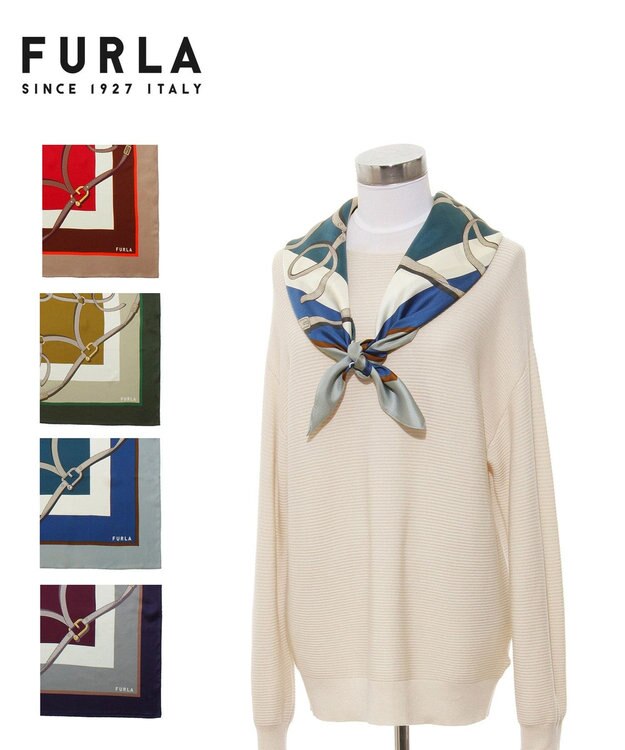 MOONBAT FURLA ビットチェーン柄シルク100%スカーフ 88×88cm スカイブルー