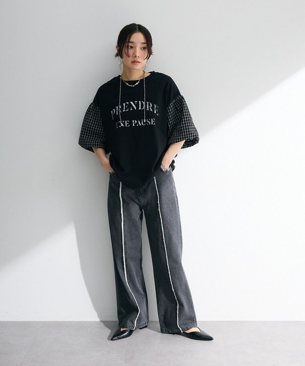 Green Parks チェックバルーンスリーブロゴチュニック Black