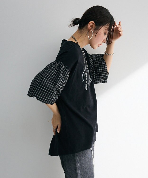 Green Parks チェックバルーンスリーブロゴチュニック Black