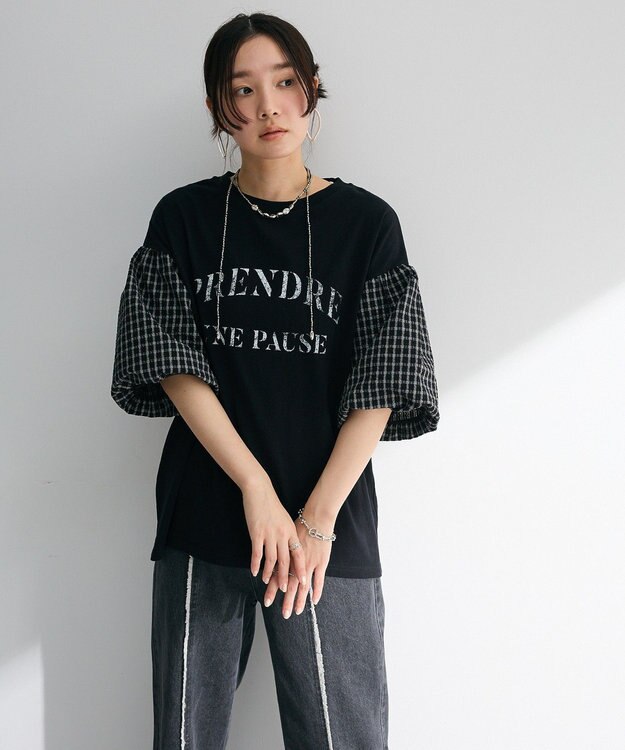 Green Parks チェックバルーンスリーブロゴチュニック Black