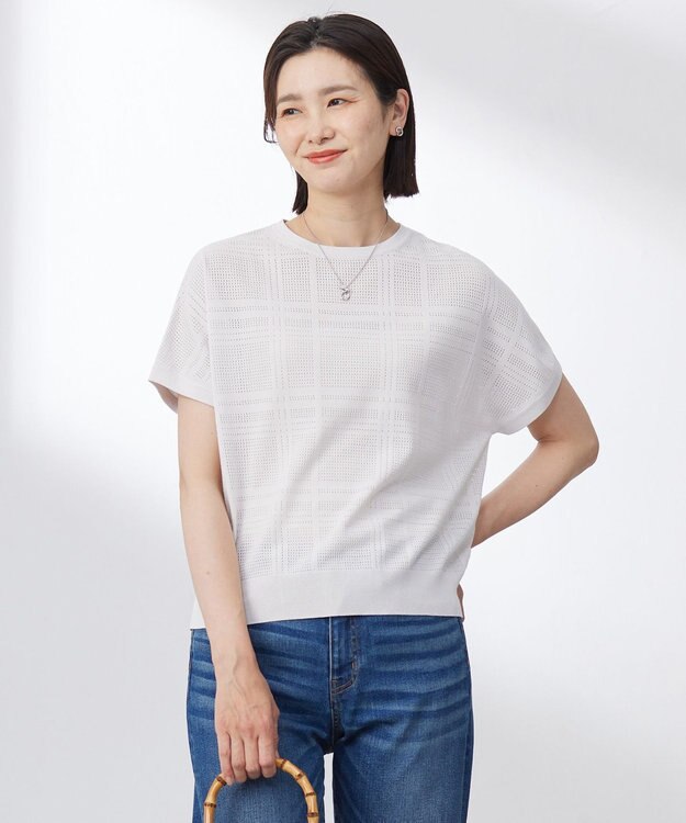 J.PRESS LADIES L 【洗える】メッシュ パターン ニット ライトグレージュ系