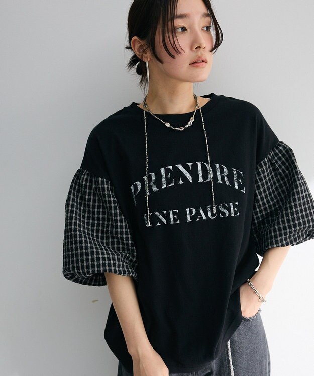 Green Parks チェックバルーンスリーブロゴチュニック Black