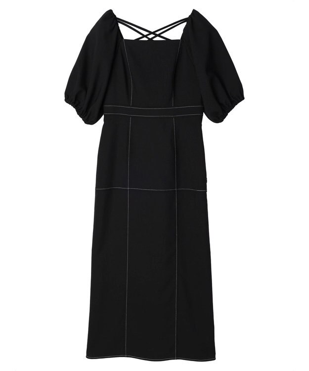 earth music&ecology 配色ステッチパフスリーブワンピース Black