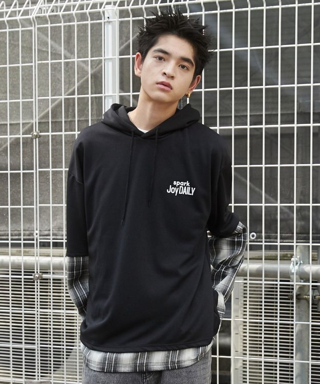 WEGO チェックレイヤードパーカー ブラック